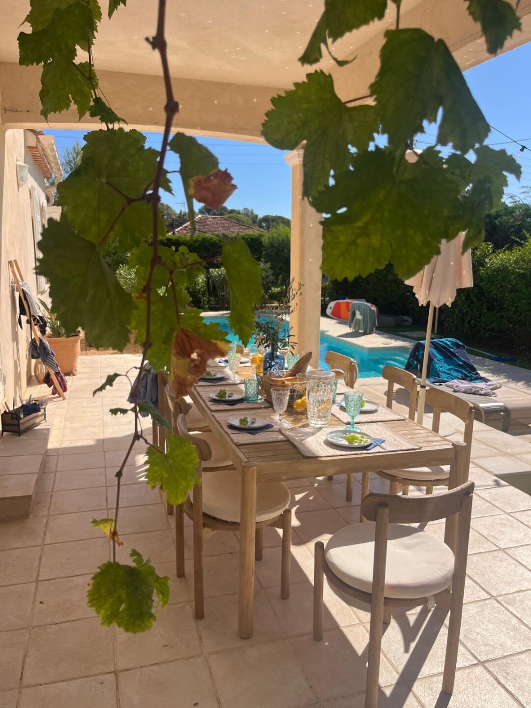 Terrassentisch, gerahmt von Weinlaub, mit Poolblick
